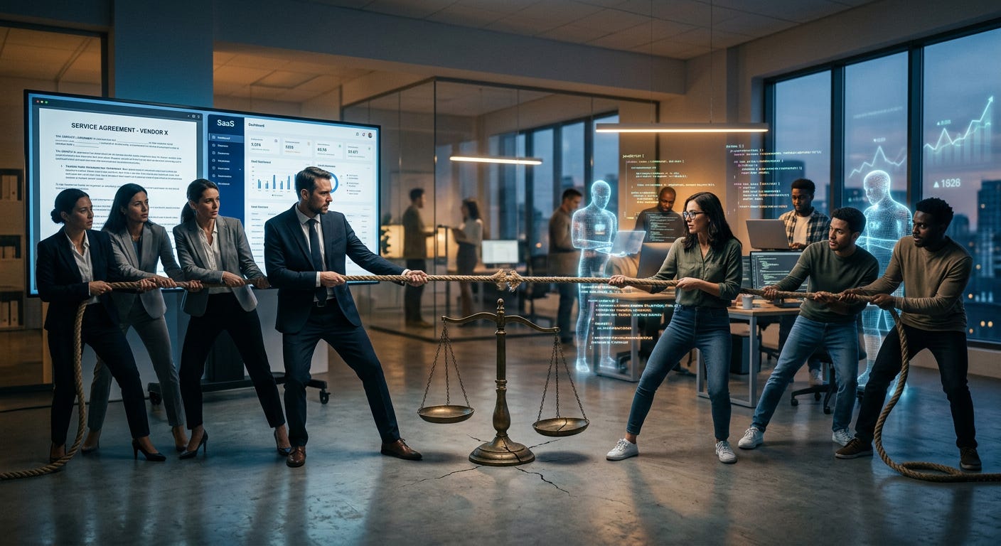 Business and tech teams in a tug-of-war over a balance scale in a modern office, representing tension between enterprise requirements and product development. Business and tech teams in a tug-of-war over a balance scale in a modern office, representing tension between enterprise requirements and product development.