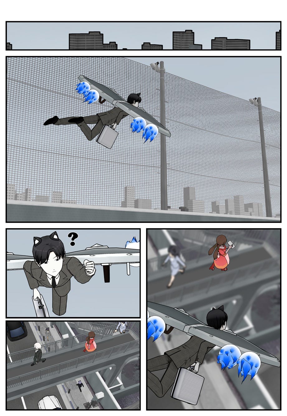 Carrying the briefcase, Ace flies over the gray city and spots Jackie in her red dress. He flies down to catch up with her.