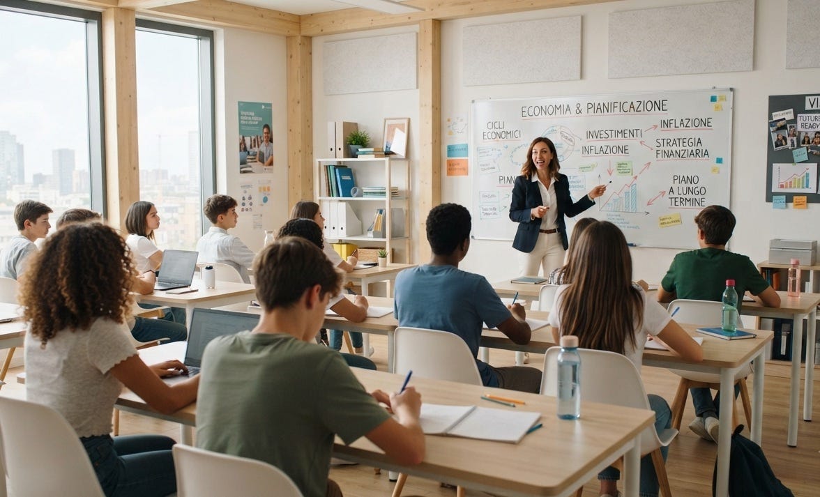 Studenti in classe durante una lezione di educazione finanziaria e pianificazione del futuro per superare il divario sociale. Studenti in classe durante una lezione di educazione finanziaria e pianificazione del futuro per superare il divario sociale.