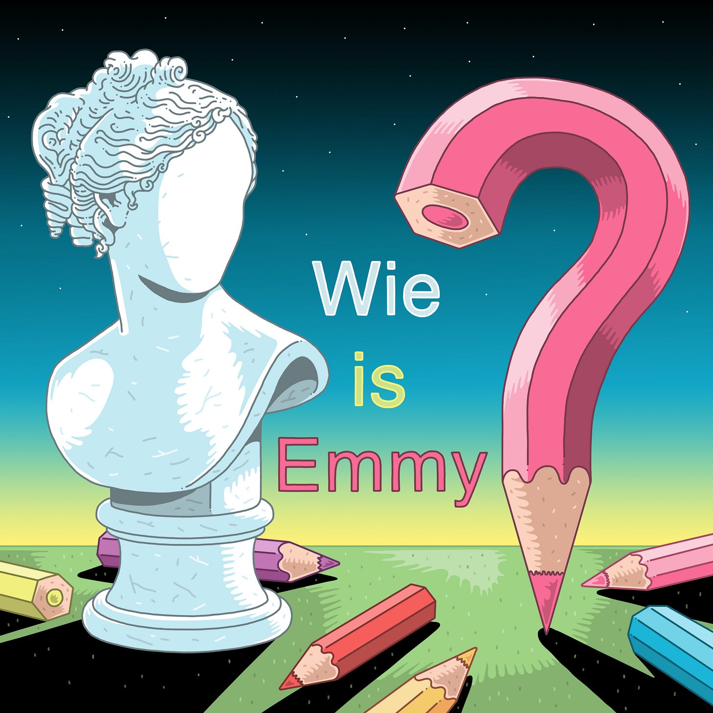 artwork van Wie is Emmy. Je ziet een tekening van een anonieme vrouwelijke buste, met daaromheen kleurpodloden. De titel in het midden, een potlood is gevormd naar een vraagteken