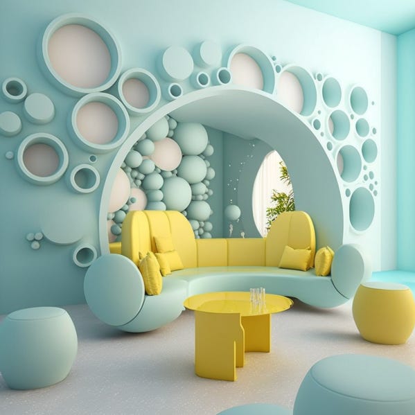 AI living room mint walls with balls yellow cushions