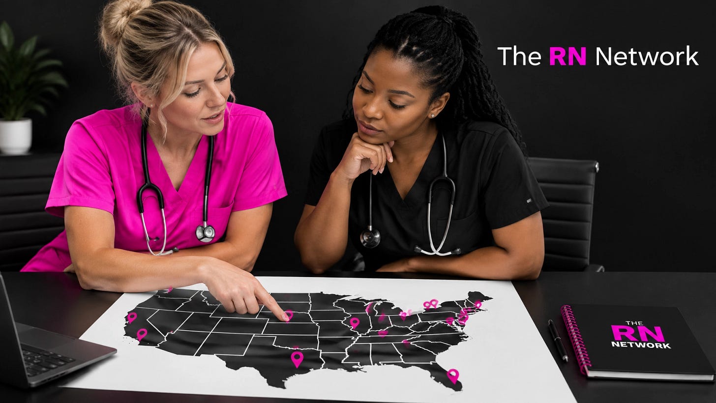 Two nurses studying a black-and-white map with pink markers to compare regional nursing demand Two nurses studying a black-and-white map with pink markers to compare regional nursing demand