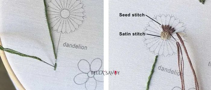 stem stitch being added on left. Center of dandelion being added on the right
