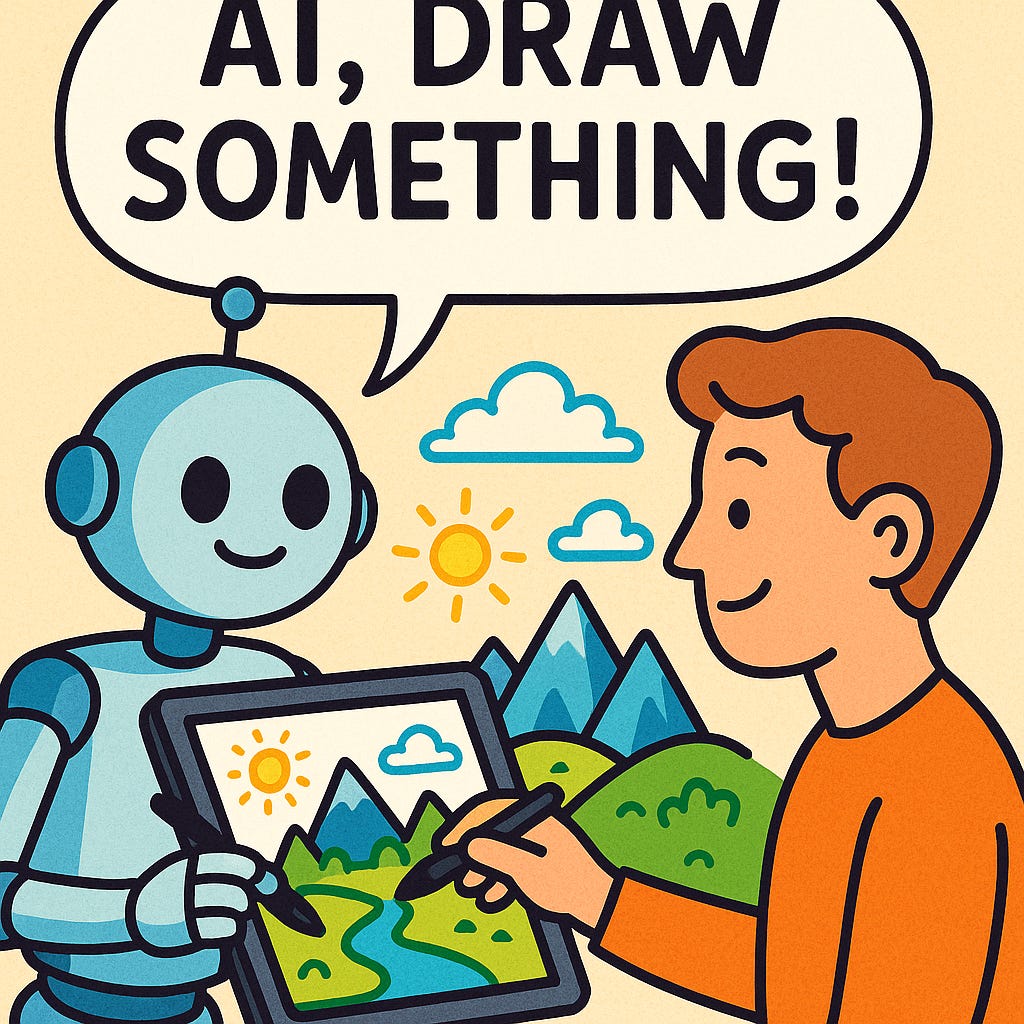 Generated image of a robot holding up a tablet so that a human and the robot can both draw on the tablet.  They are drawing the scene around them.