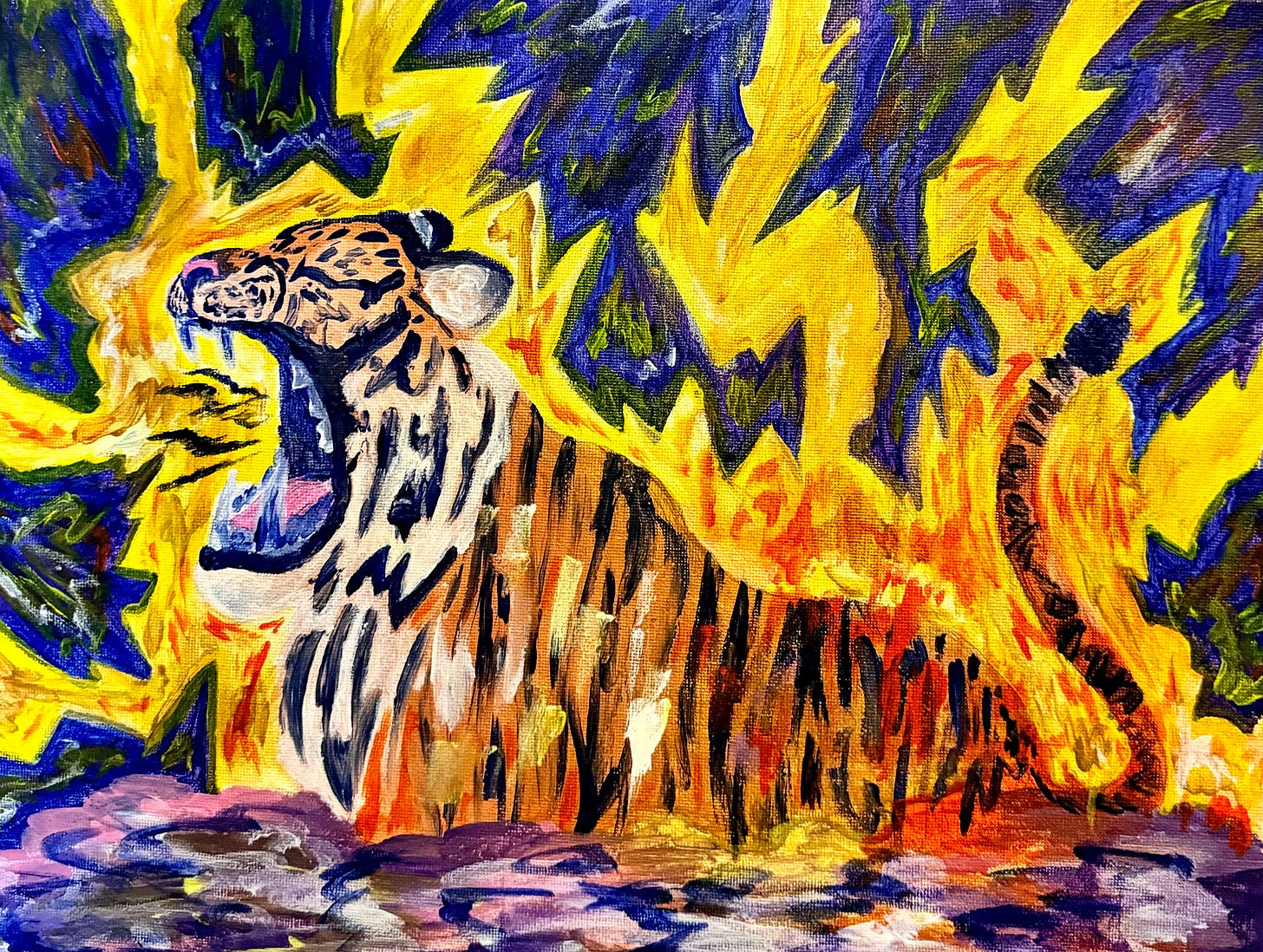 A growling tiger laying down with shockwaves coming off of it. Vivid color painting.