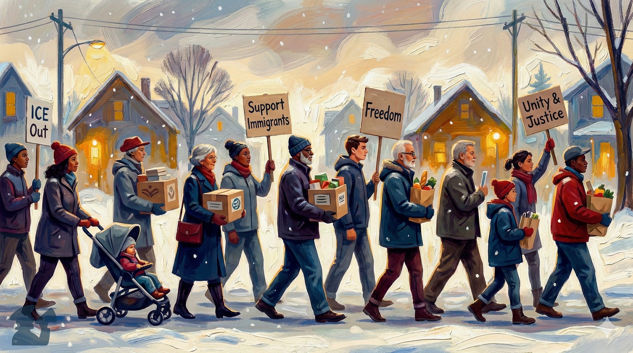Illustration of neighbors protesting in the snow against ICE and in support of immigrants