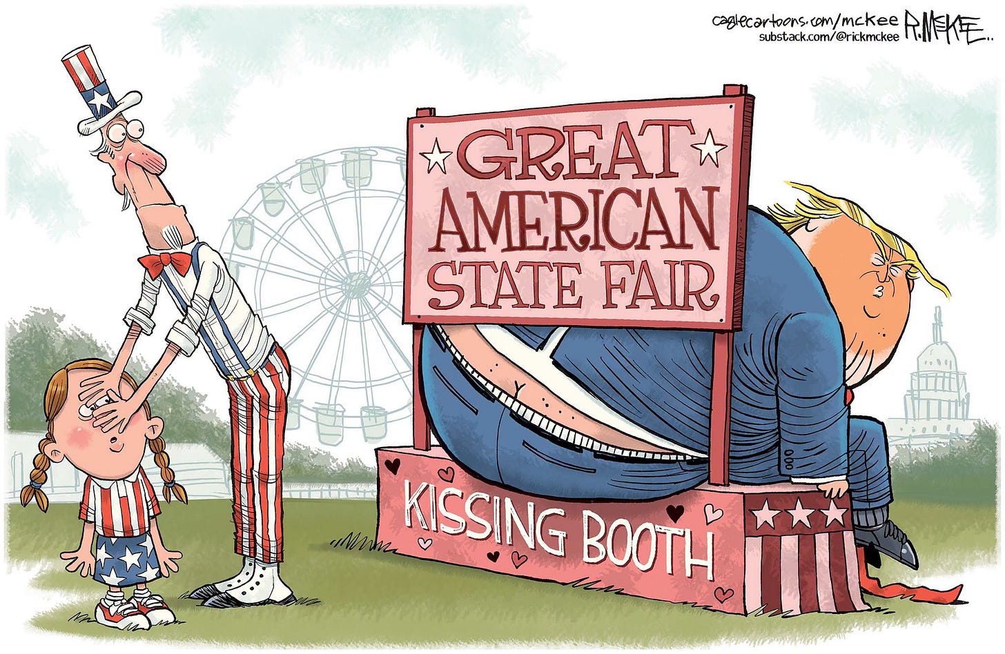 May be an image of text that says 'caglecartoons.com/mcke substack.com/@rickmc.kee AMKE GREAT AMERICAN STATE FAIR KISSING IIL'