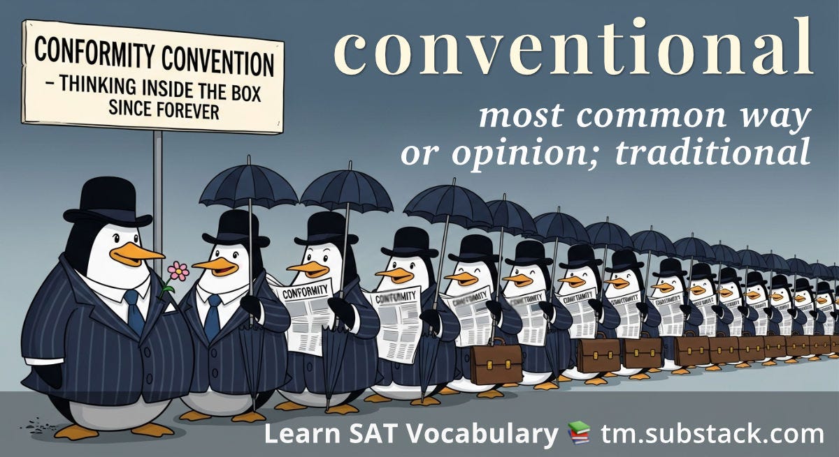 Cartoon illustration showing a long line of identical penguins dressed in matching pinstripe business suits, bowler hats, and holding black umbrellas. Each penguin also holds a newspaper labeled "CONFORMITY." The lead penguin has a small pink flower in its lapel as the only distinguishing feature. A sign above reads "CONFORMITY CONVENTION - THINKING INSIDE THE BOX SINCE FOREVER." All penguins carry identical brown briefcases and stand in perfect uniformity against a blue-gray gradient background. The word "conventional" appears in cream serif font at top right with "most common way or opinion; traditional" in white italic text below; used to illustrate the SAT word 'conventional'.