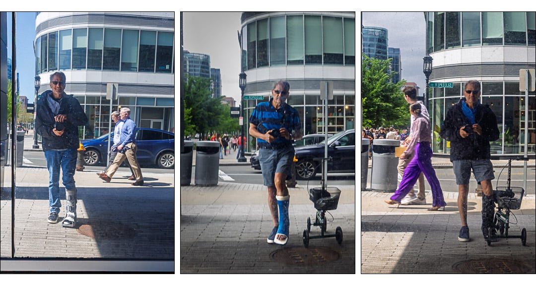 Triptych self-portrait showing cast, boot, and scooter stages of recovery before returning to walking Triptych self-portrait showing cast, boot, and scooter stages of recovery before returning to walking