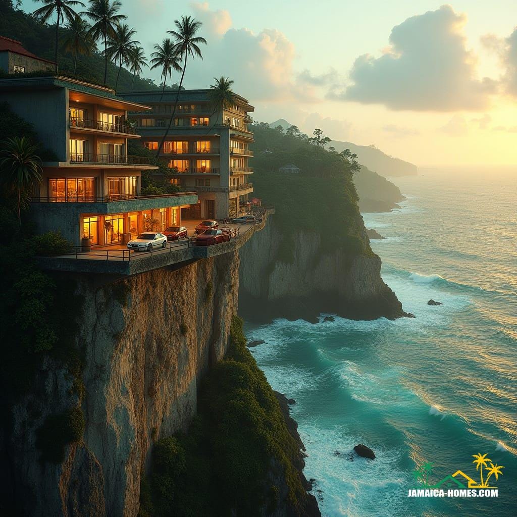 A breathtaking Jamaican cliff edge at golden hour, cascading multi-level apartments carved into limestone, skybridges linking towers, rooftop petrol station glowing softly, coconut trees swaying below, turquoise Caribbean Sea crashing at the base