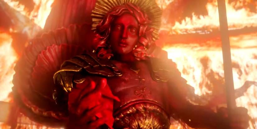 A statue in a burning room in Frankenstein 2025