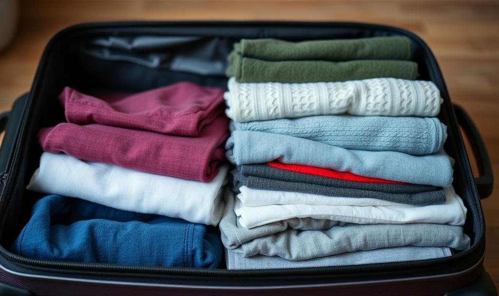 A photo of a suitcase partly packed or stacks of folded clothes ready to go.