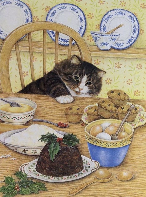 Six artworks depicting cats in different styles, including cats cuddling, sitting beside coffee and books, lounging at a table, drawing, posed with a historical figure, and dressed as a formal pair. The collage highlights four artists’ contrasting approaches to portraying cats.