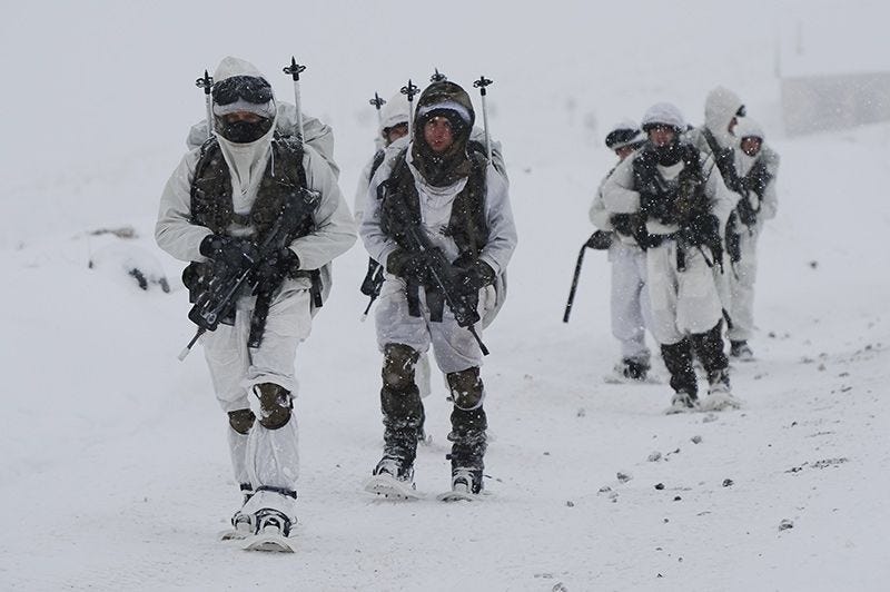 Alpine military personnel traverse a snow-covered mountain