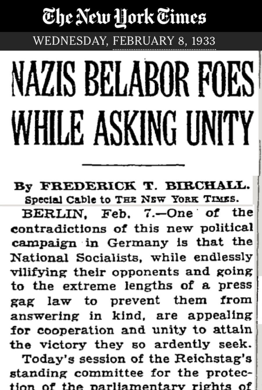 February 1933 NY Times article: NAZIS BELABOR FOES WHILE ASKING UNITY
