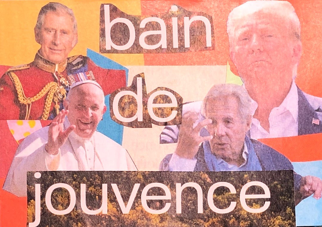 Montage de photographies du roi Charles III, de Donald Trump, du Pape François et de Jean-Louis Debré. Texte : bain de jouvence.