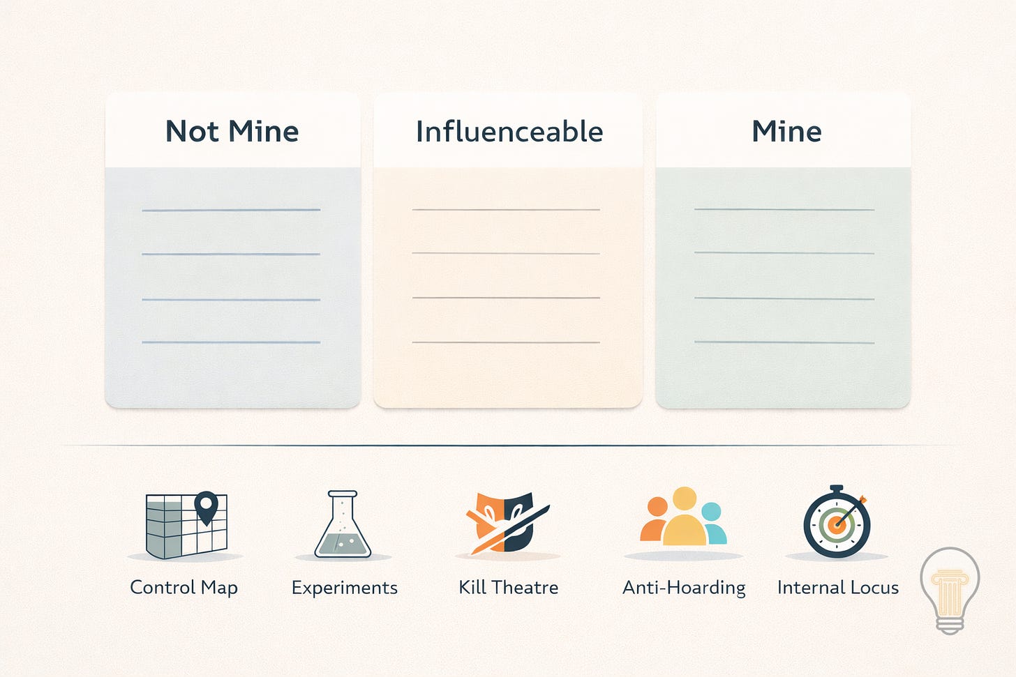 A minimalist three-column diagram labeled “Not Mine,” “Influenceable,” and “Mine,” with five labeled icons beneath representing Control Map, Experiments, Kill Theatre, Anti-Hoarding, and Internal Locus.