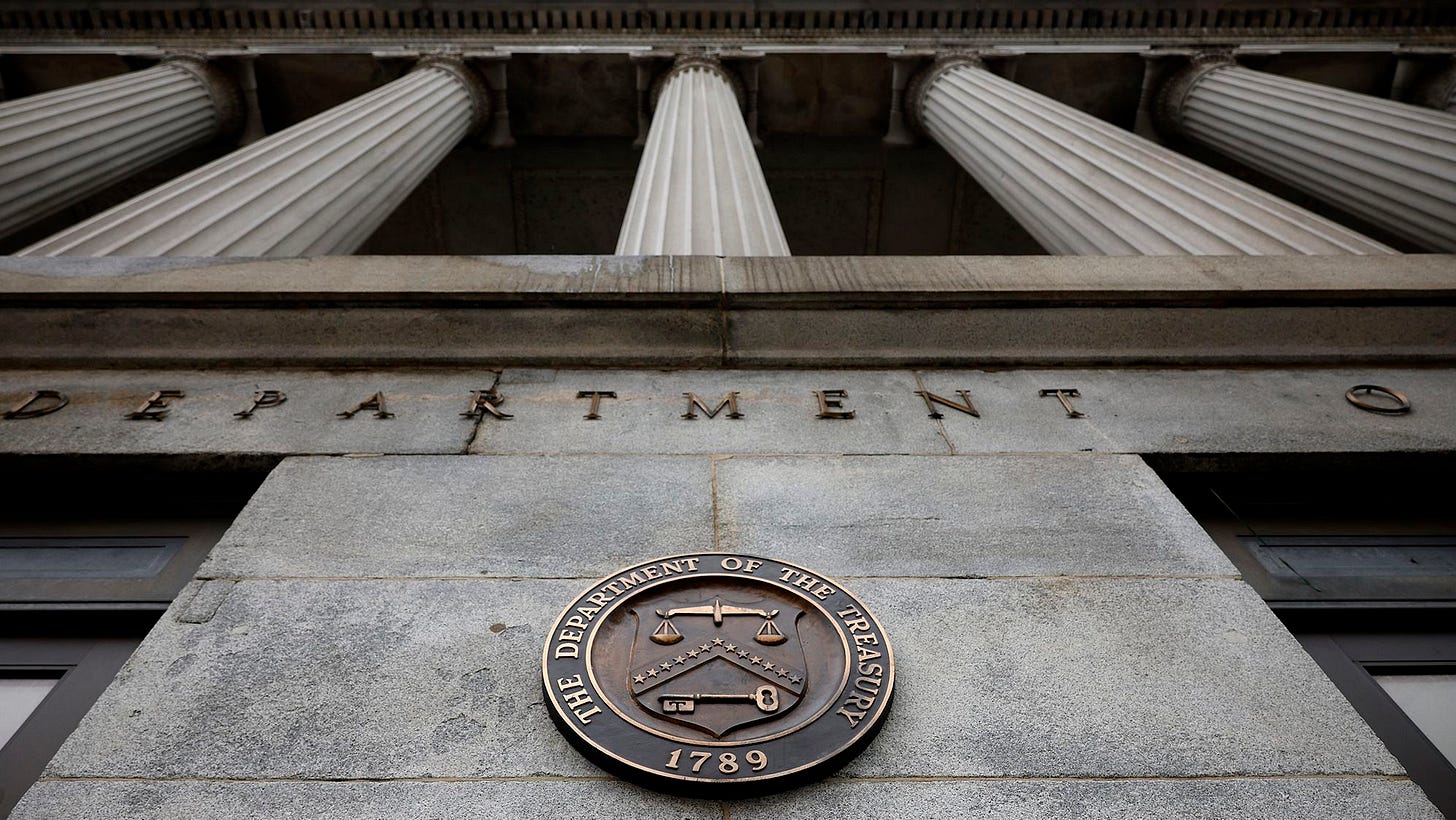 The exterior of the U.S. Department of Treasury building is seen as they joined other government financial institutions to bail out Silicon Valley Bank's account holders after it collapsed on March 13, 2023 in Washington, DC. The exterior of the U.S. Department of Treasury building is seen as they joined other government financial institutions to bail out Silicon Valley Bank's account holders after it collapsed on March 13, 2023 in Washington, DC.