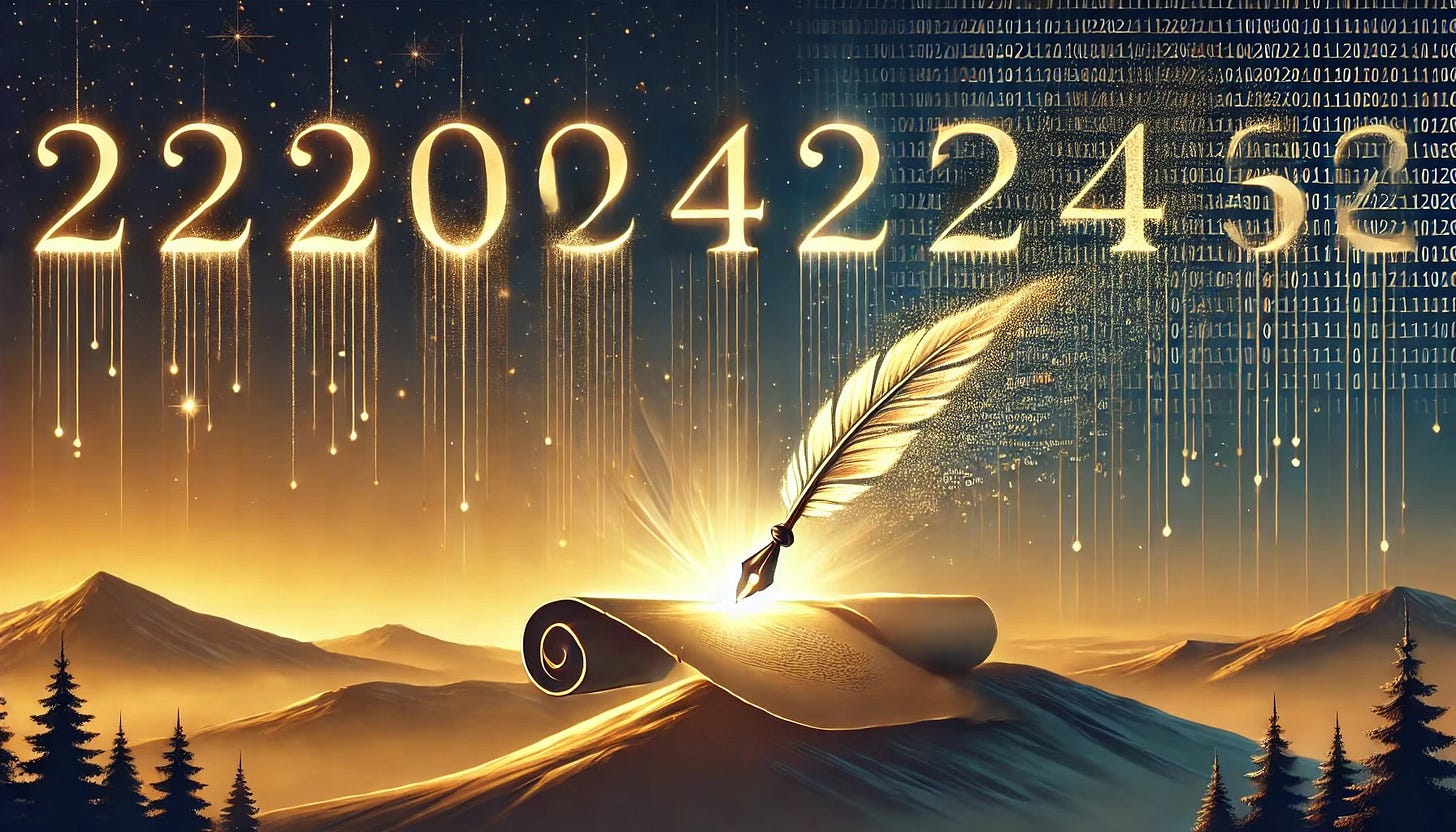 A minimalist illustration showing the transition from 2024 to 2025, featuring a glowing quill writing on a scroll that turns into binary code, symbolizing the blend of creativity and AI innovation. The years are connected by a luminous trail, with a gradient background shifting from warm gold to cool blue, representing time and progress. The design is sleek and modern, emphasizing transformation in creative writing.