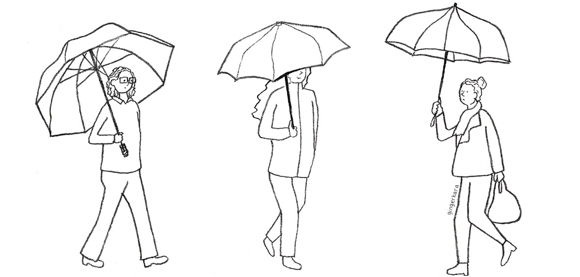 three pen drawings of people walking holding umbrellas