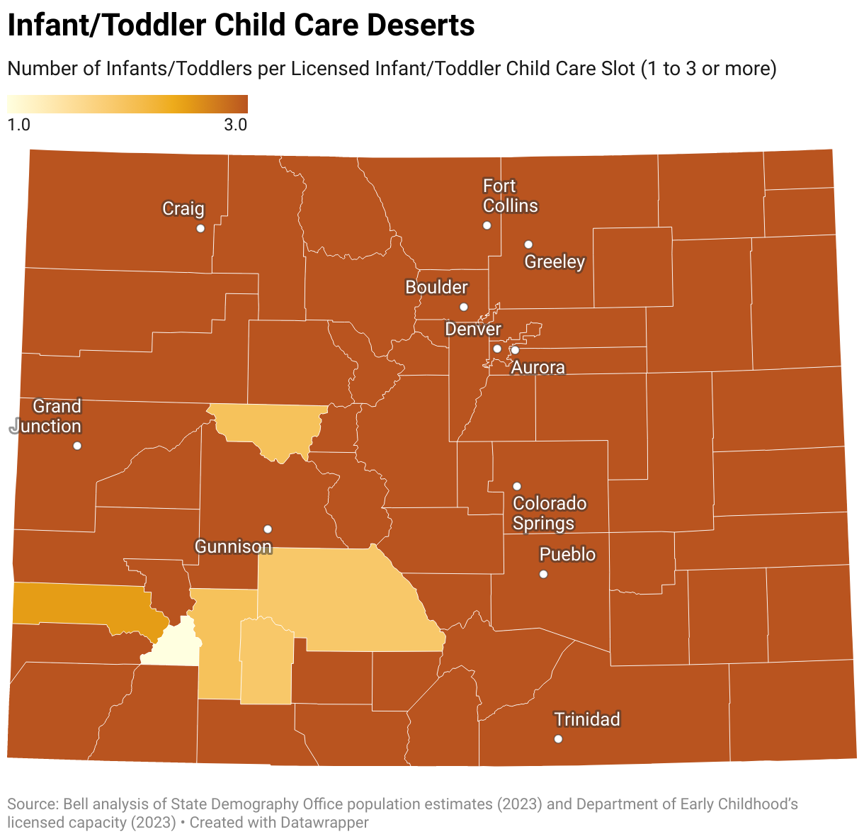 Map showing Colorado counties where there were more children than available childcare slots in 2023 (Credit: Bell Policy Center)