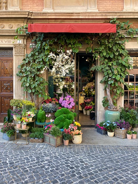 Photographs of views from the street in Bologna showing historic towers and a verdant florist.