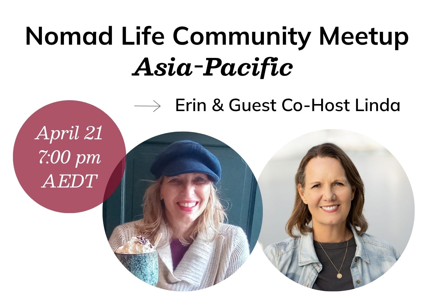 Two white women, one with blond hair wearing a blue cap and raising a cup of cocoa and one brunette in a jean top and black t-shirt. Both are smiling. Their headshots are framed within an overlapping circle.