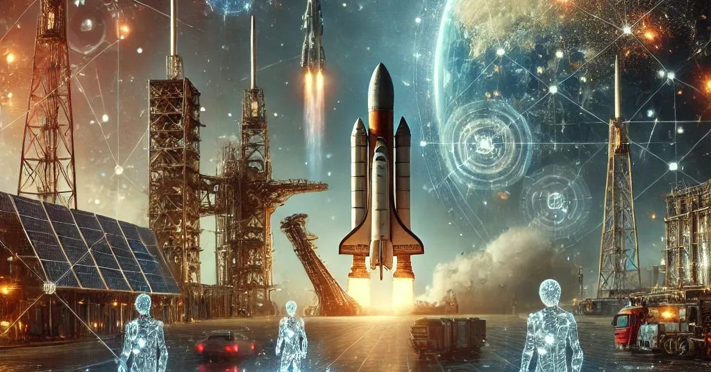 A futuristic scene depicting the space industry, with a focus on digital twins technology. Show rockets, satellites, and space stations being built or operated using advanced digital twins technology, with glowing holograms and digital interfaces. Include a dramatic space background with planets, stars, and distant galaxies. The scene should convey innovation, high-tech, and a booming space industry, representing a $1 trillion market. The image should be dynamic, with elements of space exploration and cutting-edge technology blending seamlessly.