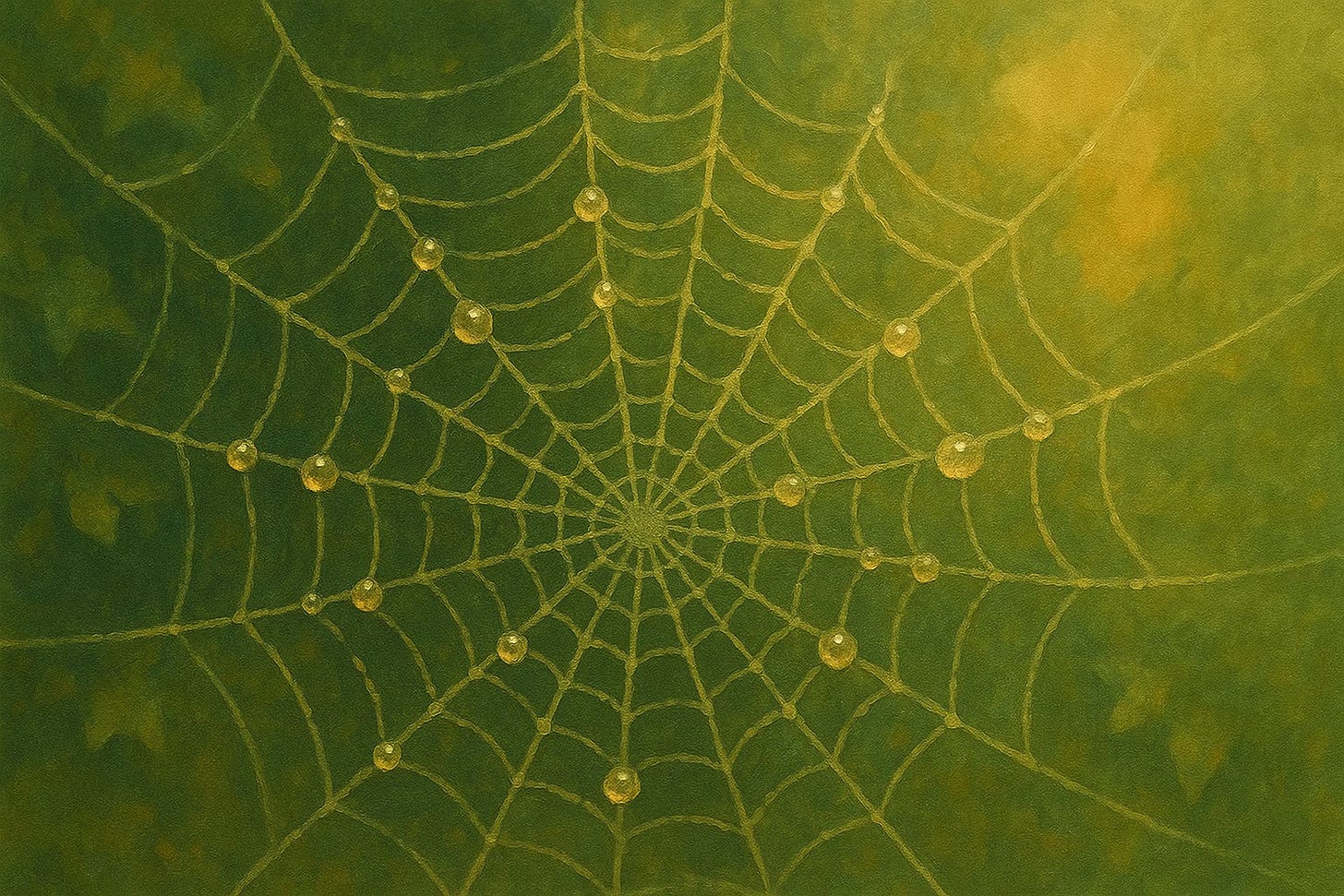 A painterly image of a spider web glistening with dew drops in warm greens and browns, light reflecting in the threads.