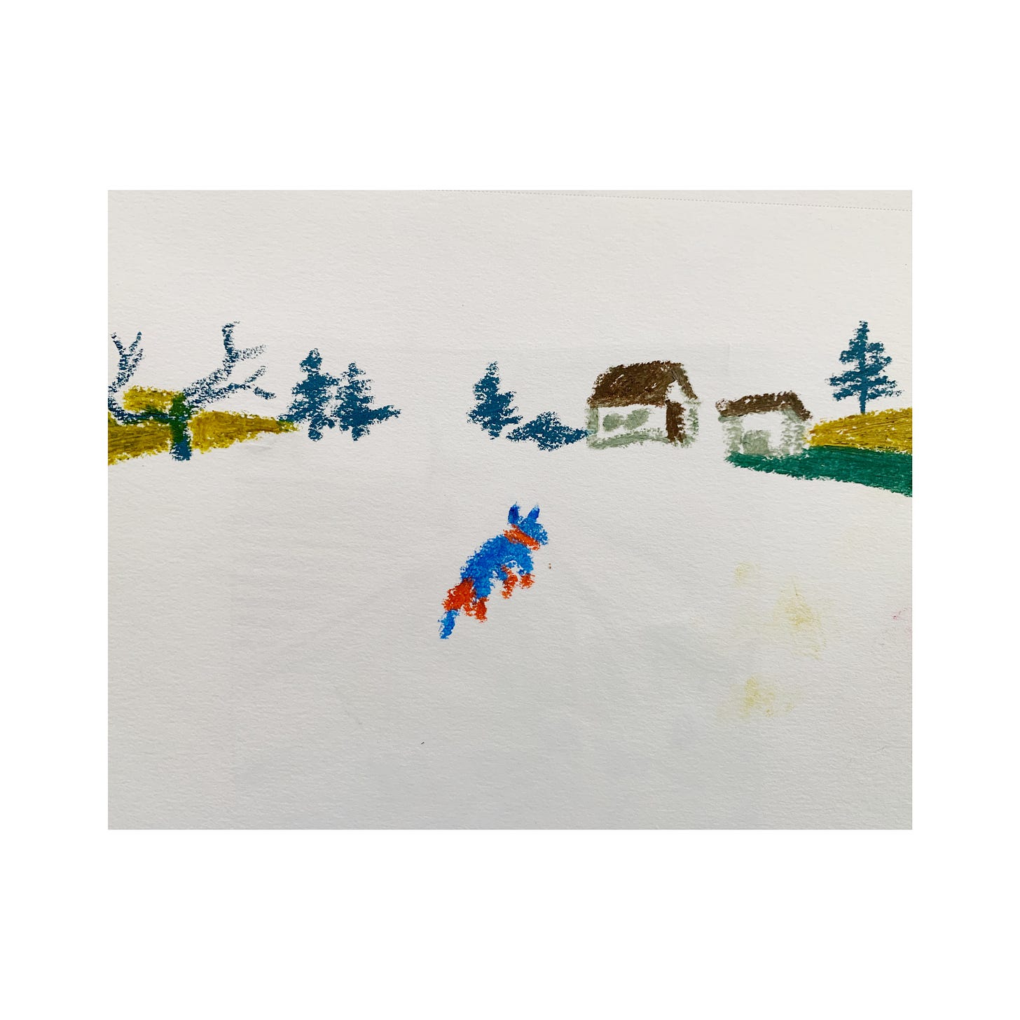 a dog roaming a farm with barns and pine trees on horizon