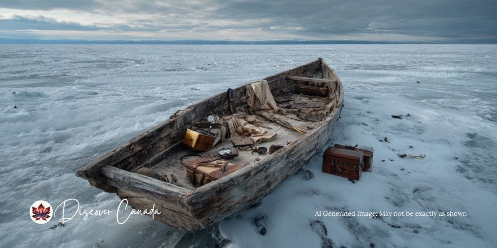 An abandoned lifeboat from the Franklin Expedition, filled with scattered artifacts like a pocket watch and tea tin, left stranded on Arctic ice. An abandoned lifeboat from the Franklin Expedition, filled with scattered artifacts like a pocket watch and tea tin, left stranded on Arctic ice.