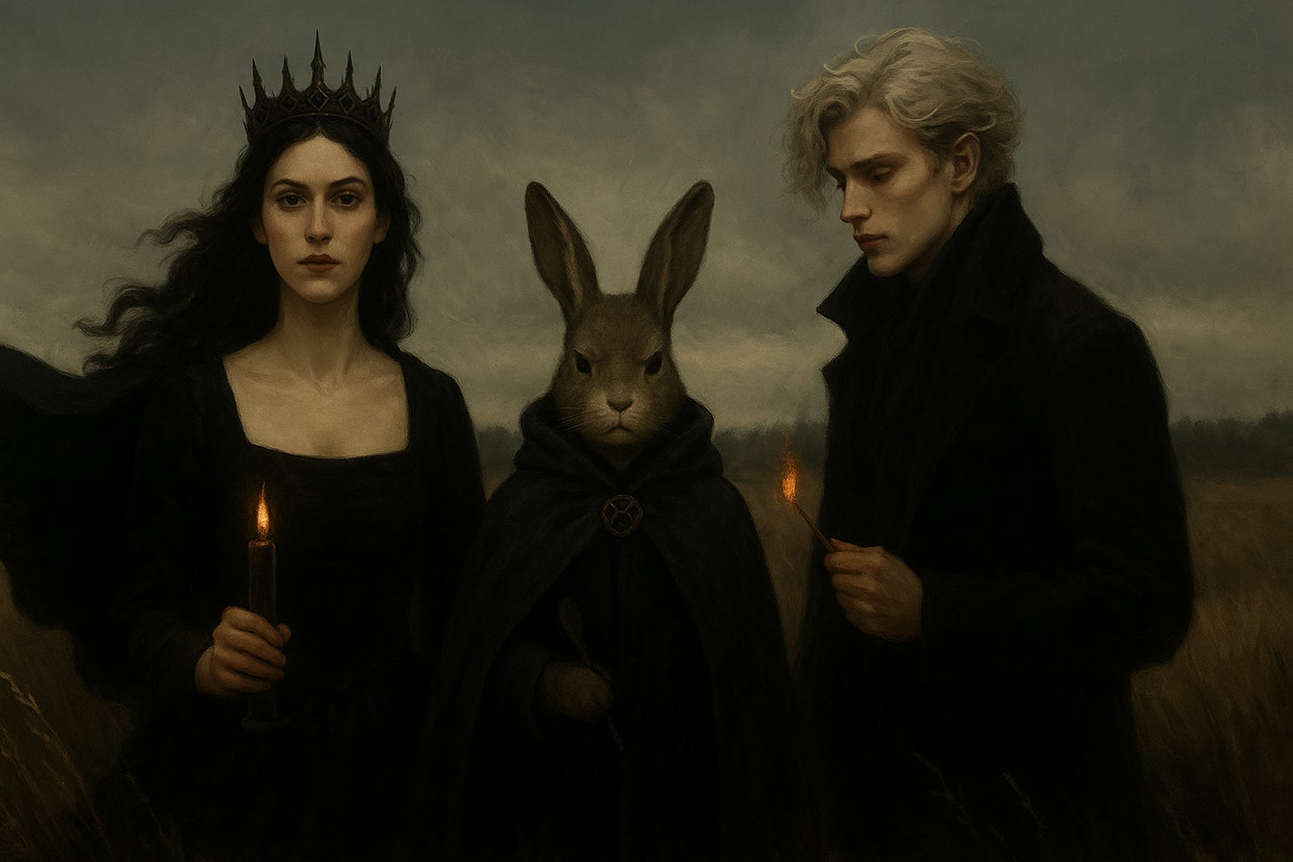 Velinwood Court: Her Majesty of Ink and Exit, featuring a dark-haired queen with a crown holding a candle, a cloaked rabbit herald, and a pale-haired figure holding a lit match, standing together in a moody, windswept field.