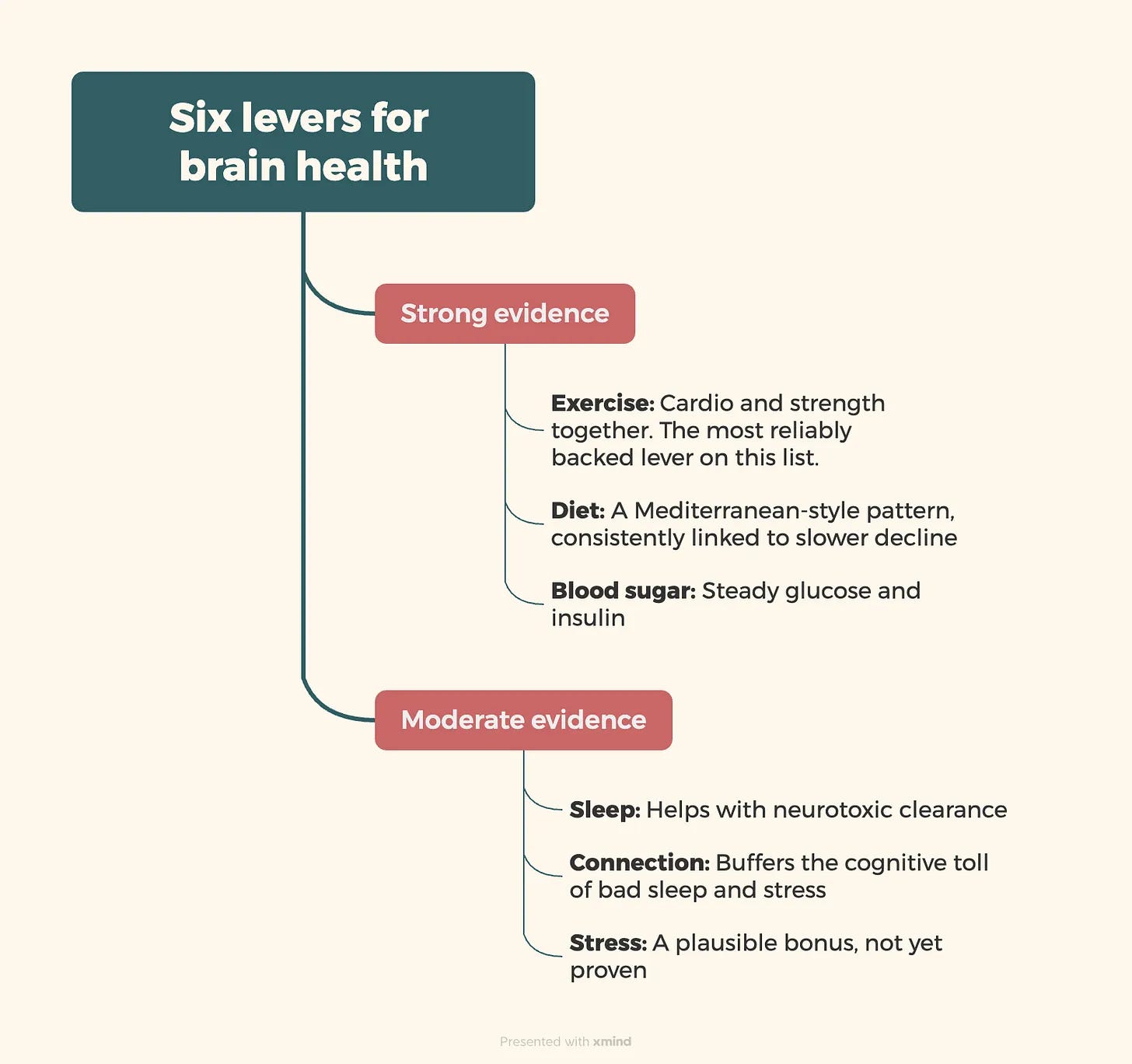 Diagram grouping six brain health levers: exercise, blood sugar and blood pressure, and diet as strong evidence; sleep, connection and stress as moderate evidence