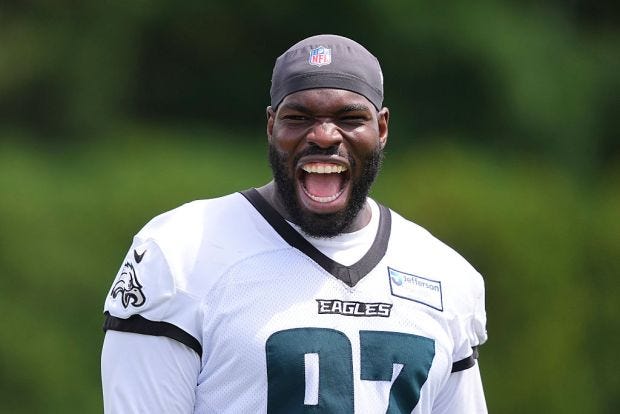 Defensive lineman Moro Ojomo of the Philadelphia Eagles reacts during training camp at Jefferson Health Training Complex on July 30, 2026, in Philadelphia. (Mitchell Leff/Getty Images) Defensive lineman Moro Ojomo of the Philadelphia Eagles reacts during training camp at Jefferson Health Training Complex on July 30, 2026, in Philadelphia. (Mitchell Leff/Getty Images)
