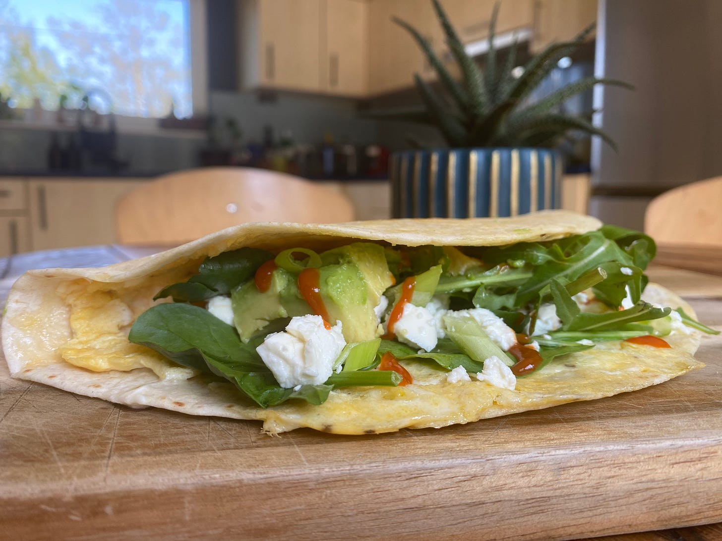 A folded over tortilla wrap as  sandwich. Inside it, there is white crumbly cheese, avocado, leaves and a red sauce