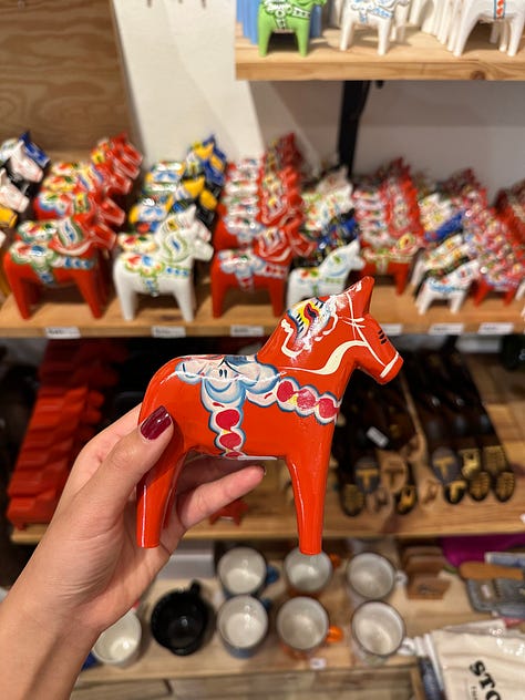 left: Dala horse; middle: princess cake from Tössebageriet; right: Stortorget in Gamla Stan