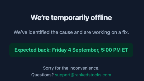 RankedStocks.com offline notice during the September 2026 traffic surge: the site promised a Friday, September 4, 5:00 PM ET return and came back on Saturday. Source: RankedStocks.com.