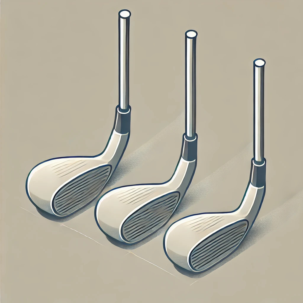 Isometric, minimalist illustration of three golf clubs lined up side by side. The golf clubs should have a sleek, geometric design with clean lines and a consistent style. Use a limited color palette with neutral tones for the clubs and subtle highlights for a modern, refined look. The composition should be simple, balanced, and visually appealing, emphasizing the alignment of the golf clubs.