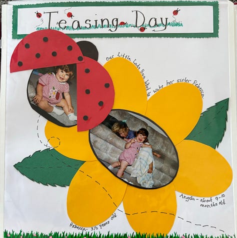 Three images of brightly colored scrapbook pages, featuring photos of an elementary school field day, a newborn baby, and a mischievous prank of a toddler pulling a blanket off of a napping 5 year old girl.