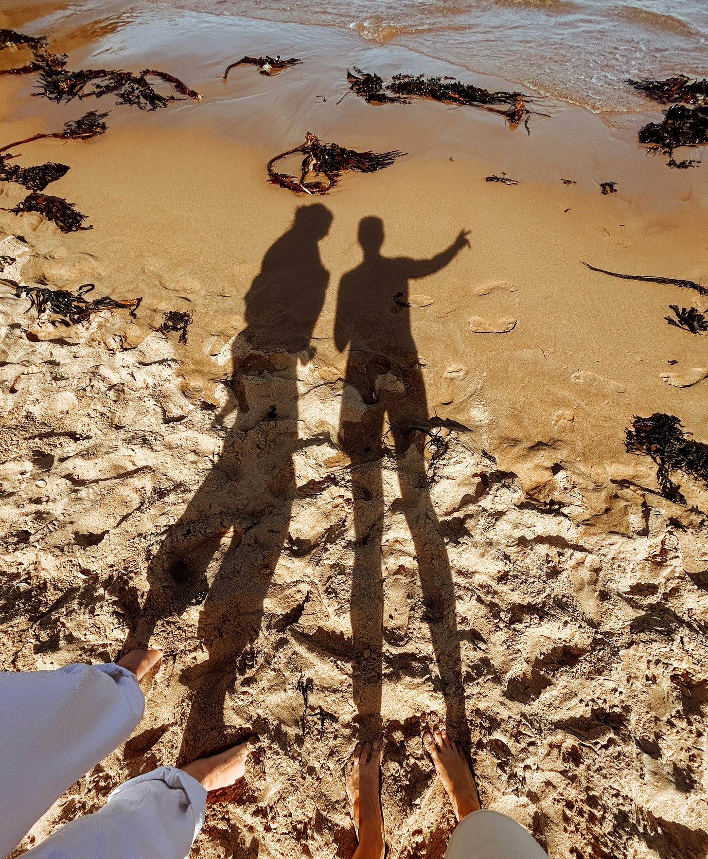 Couple's shadows are projected on the sandy beach, where algae lay around.