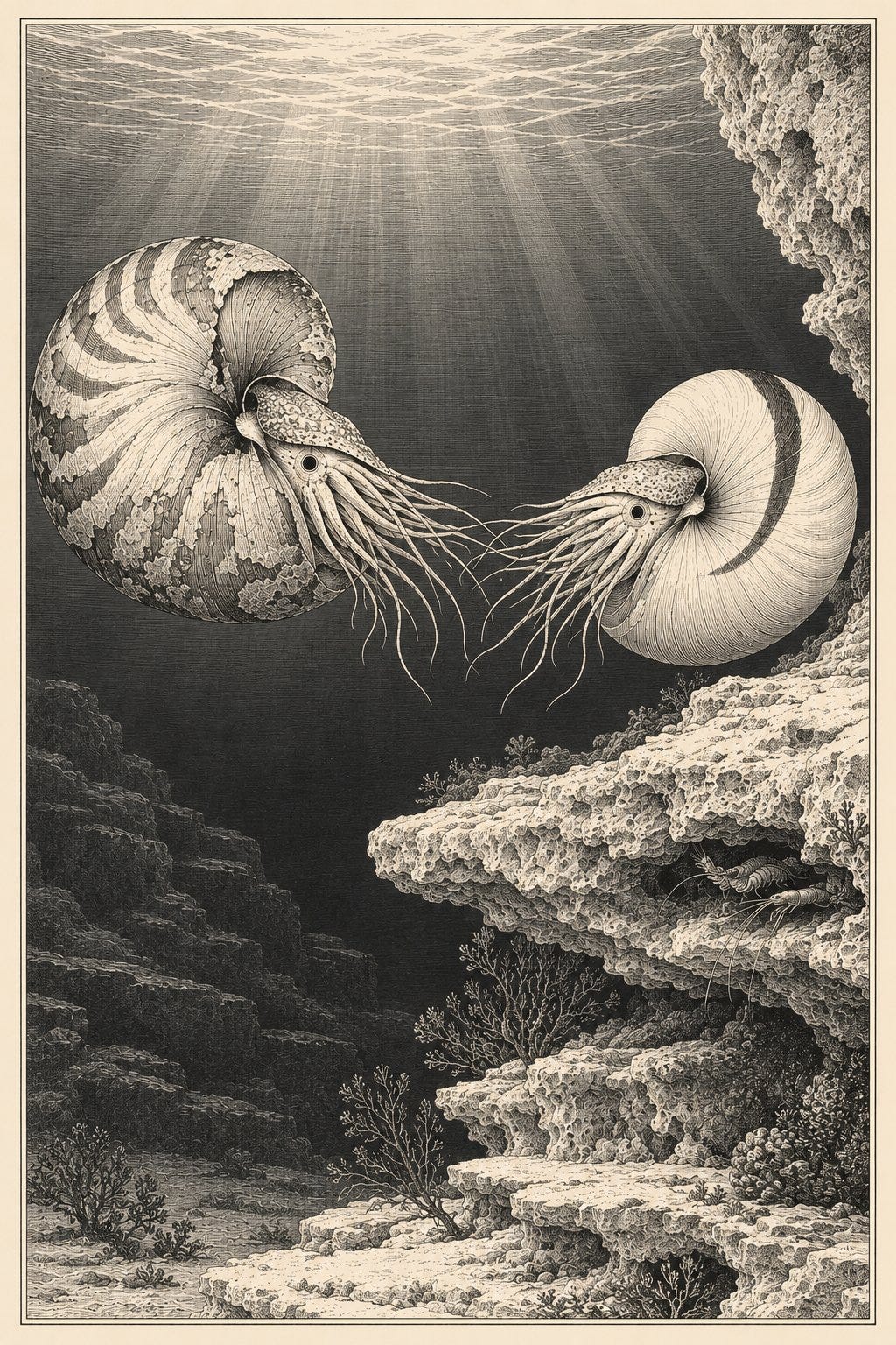 Beside the limestone terrace, two shells meet and their tentacles touch.