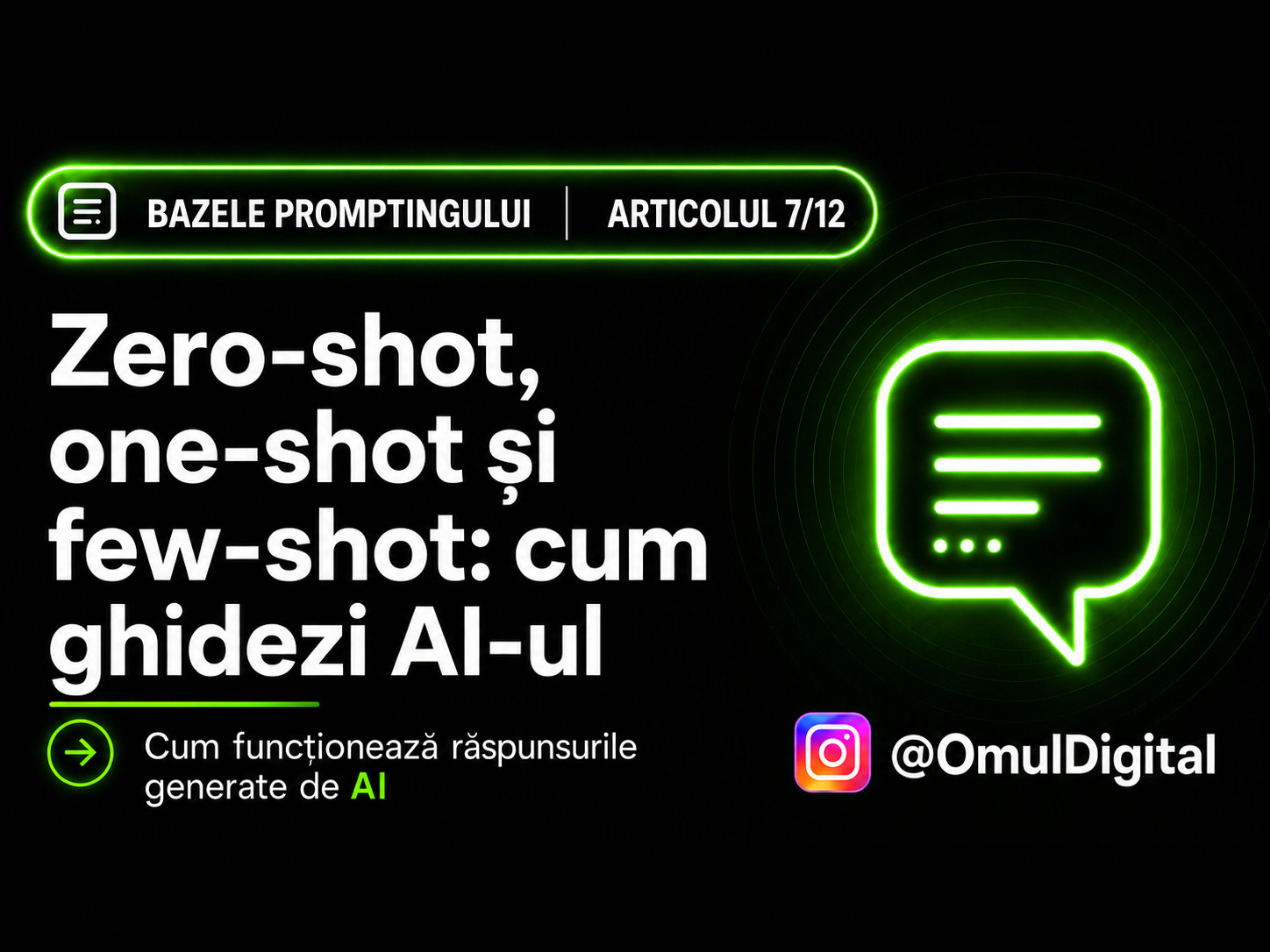 Cover pentru seria „Bazele promptingului” de la Omul Digital, cu titlul articolului, icon de chat și design mov dedicat materialelor despre prompt engineering. Cover pentru seria „Bazele promptingului” de la Omul Digital, cu titlul articolului, icon de chat și design mov dedicat materialelor despre prompt engineering.
