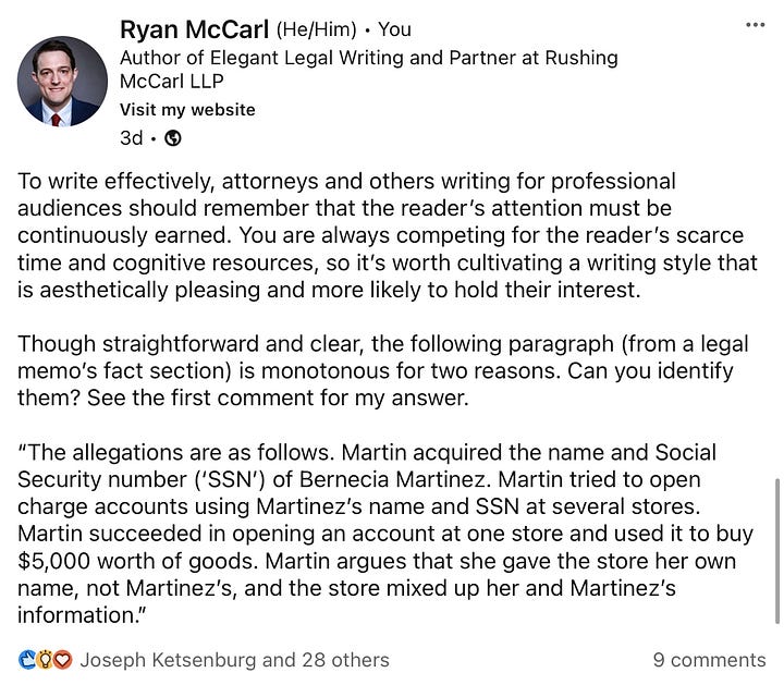 Ryan McCarl’s recent legal writing tips on LinkedIn