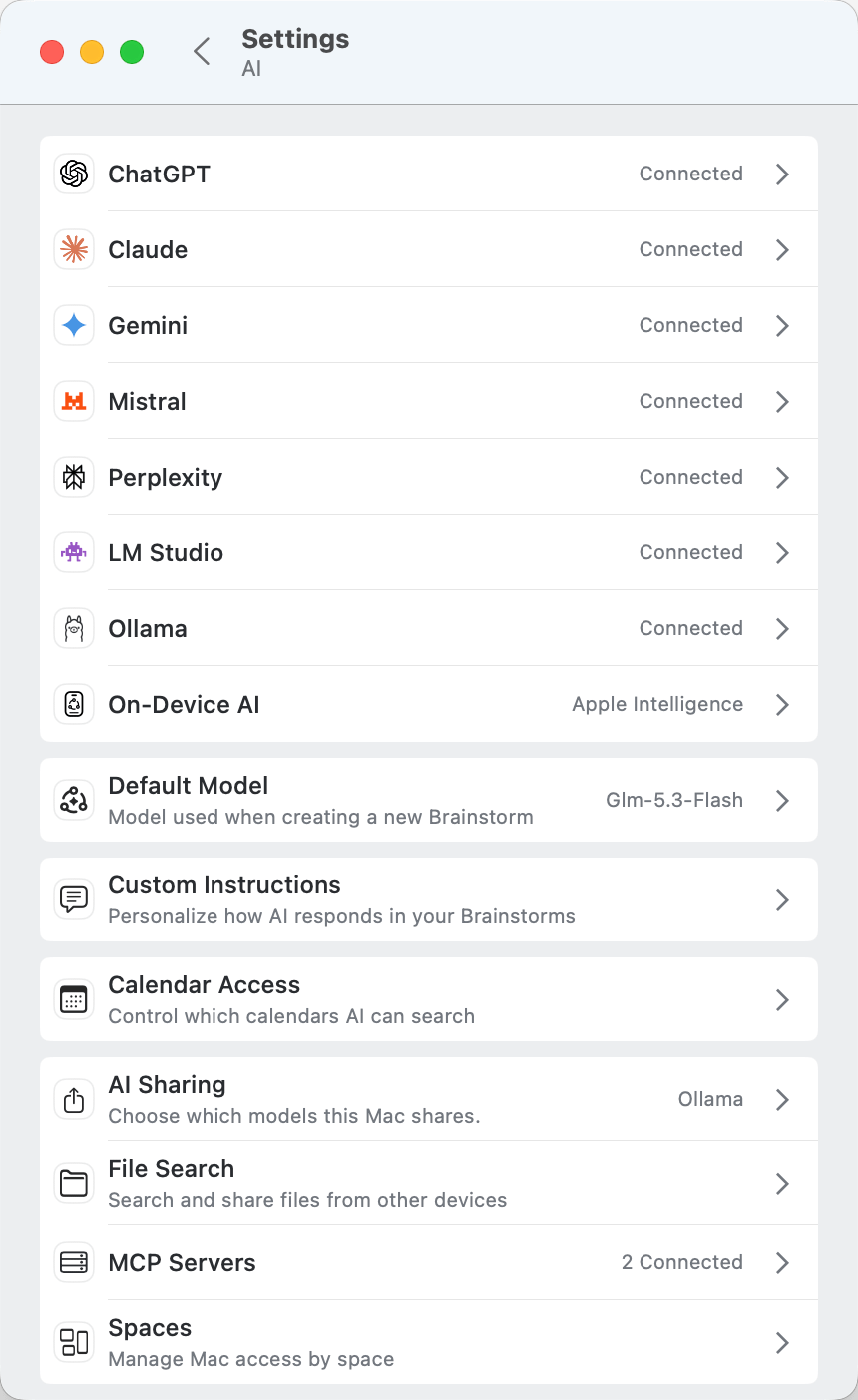 Screenshot showing new.space for Mac's AI model providers and sharing settings screen Screenshot showing new.space for Mac's AI model providers and sharing settings screen