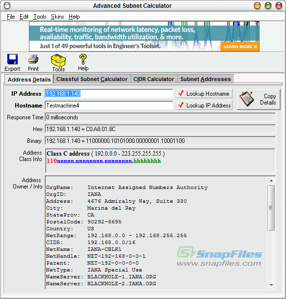 screen capture of SolarWinds Advanced Subnet Calculator