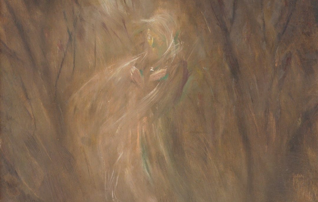 Ethereal figure in a misty forest at dawn