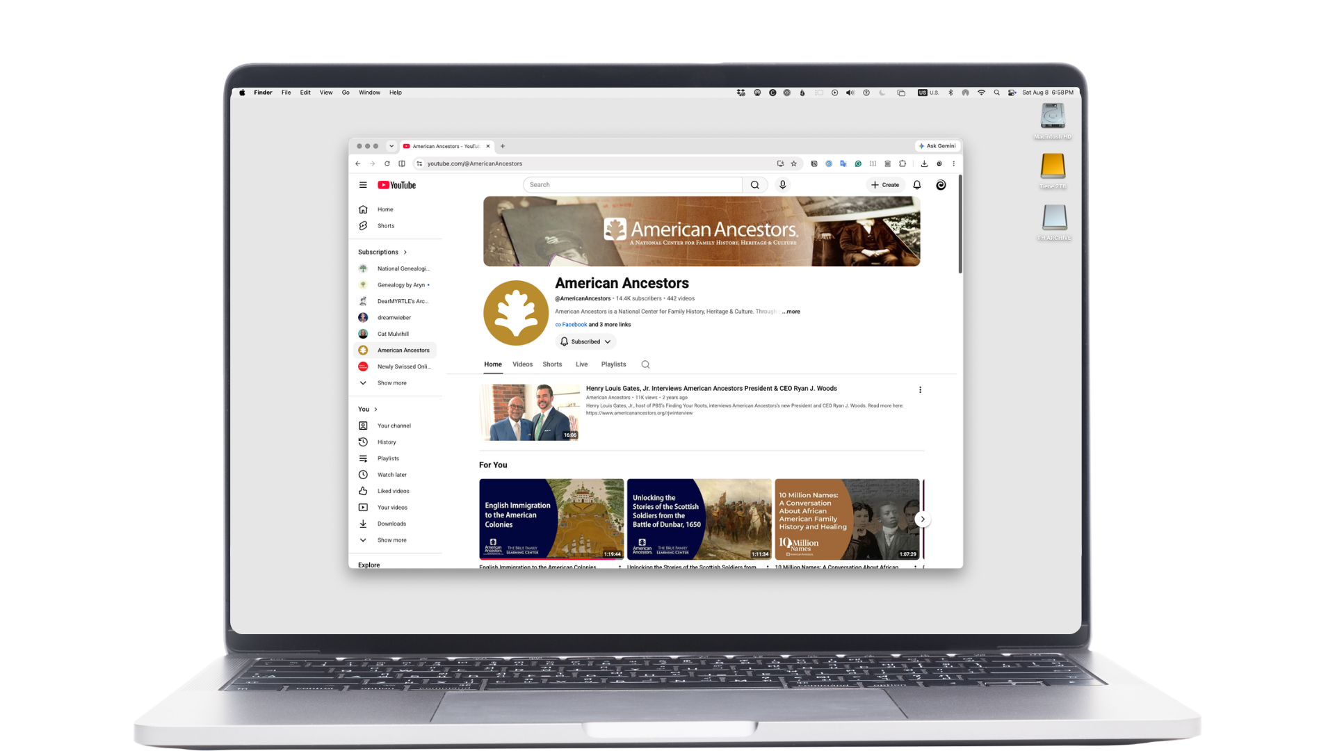 American Ancestors on YouTube open on a computer screen