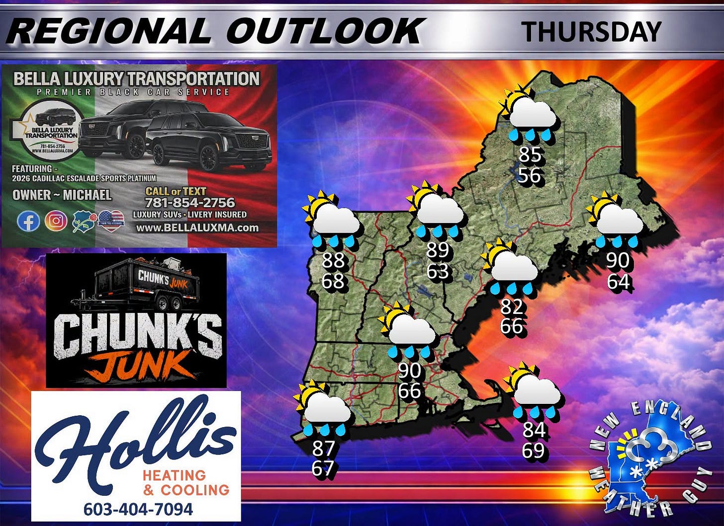 May be an image of ‎video games and ‎text that says '‎REGIONAL OUTLOOK BELLA LUXURY TRANSPORTATION PRE MIE R BLACK CAR CARSERVICE SERVICE BELLALLURY ΤΑΠΟΝ 西-834-2193 THURSDAY FEATURING 2026 CADILLAC GCADILIACESCALADE.SPORTSPLATINUM ESCAL OWNER~ MICHAEL f TEXT 781-854-2756 2756 LUXURY SUVs LIVERY INSURED www.BELLALUXMA.com 85 56 CHUNK'S UNK 88 68 89 63 90 64 82 66 90 66 CHUNK'S TUNK Hollis & COOLING HEATING 603- 603-404-7094 87 67 84 69 للا ENELANLO ENG‎'‎‎