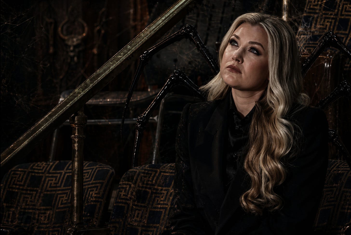 Erika Kirk rendered in Black Widow form, seated beneath shadow, web, and ritual architecture: a visual of the central argument of this piece — that Charlie Kirk was not only removed in body, but captured in legacy, with Erika positioned as the chokepoint through which his warnings were blurred, his authority repurposed, and his dead voice redirected.