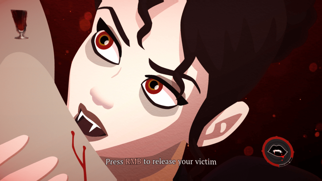Cabernet pixel art gameplay showing a vampire sucking blood from an arm, a narrative-rich example of mature cosy games and cosy games for adults.